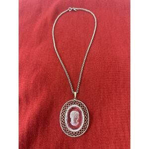 Vintage Whiting &Davis Intaglio Cameo Crystal Pendant 2Inc. 21 In. Chain Retro